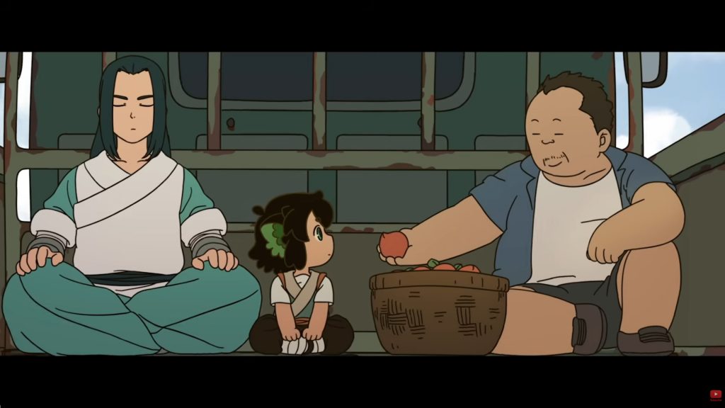 Wuxian and Xiaohei hitch a ride with a peach farmer.